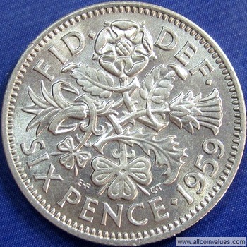 1959 Great Britain Six Pence World Coin UK English Rose Shamrock Wedding 6 p 