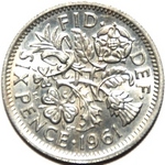 1961 UK sixpence value, Elizabeth II