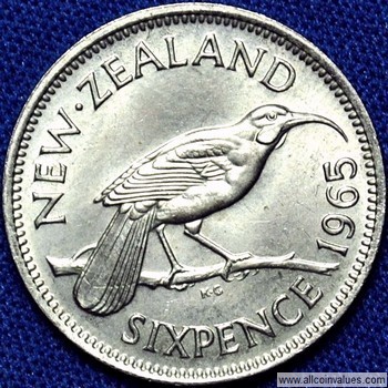 New Zealand 6d Choice Uncirculated Elizabeth II 1965 Sixpence 