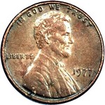1977 P US penny, Lincoln memorial