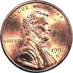 Lincoln memorial US penny, 1994 to 2000