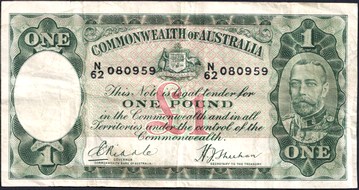 Australian Riddle / Sheehan one pound banknote values, FYOI 1933