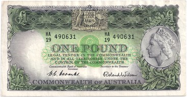 Australian Coombs / Wilson one pound banknote values, FYOI 1953