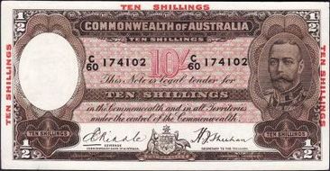 Australian Riddle / Sheehan ten shilling banknote values, FYOI 1934